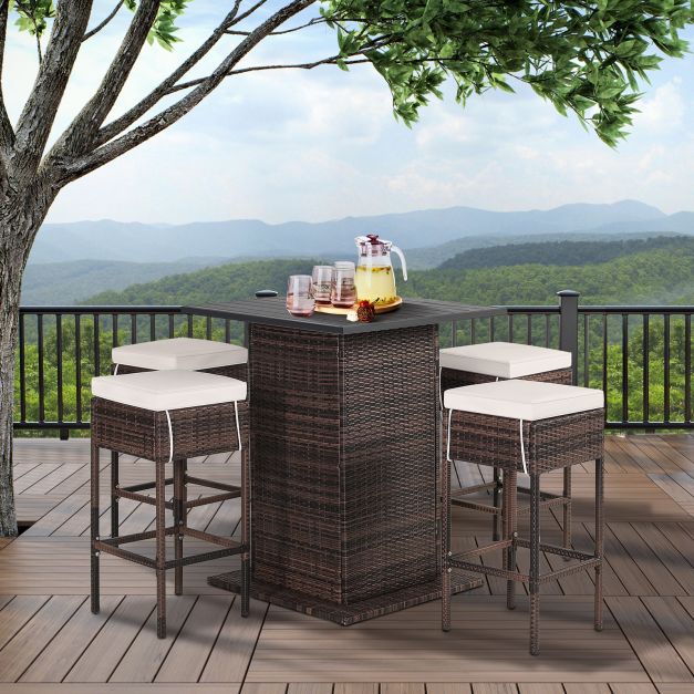 5-Piece Garden Bar Collection - Outdoor Furniture Set with Storage Shelves and Cushions, White Finish - Ideal for Garden Comfort and Organization