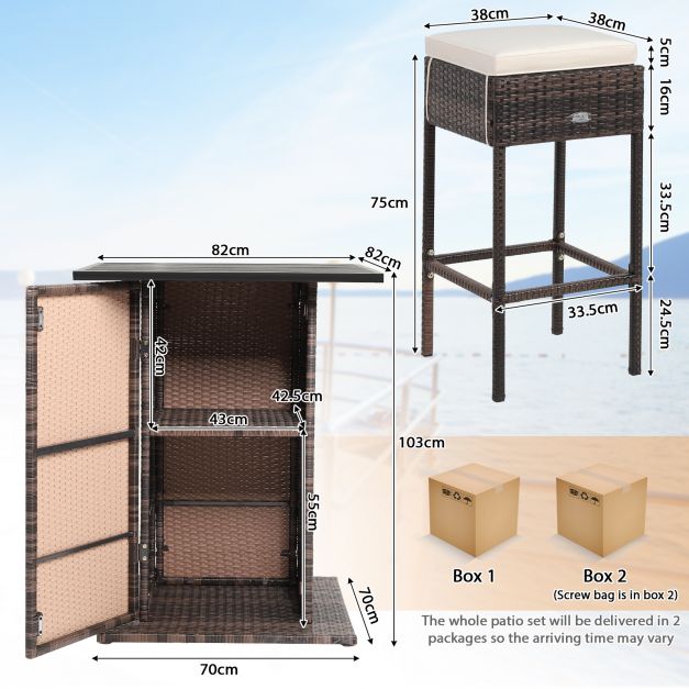 5-Piece Garden Bar Collection - Outdoor Furniture Set with Storage Shelves and Cushions, White Finish - Ideal for Garden Comfort and Organization