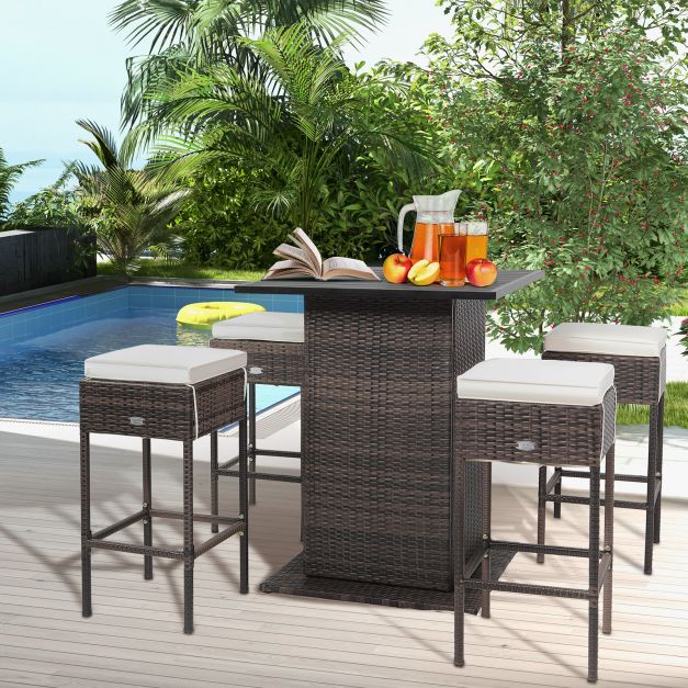 5-Piece Garden Bar Collection - Outdoor Furniture Set with Storage Shelves and Cushions, White Finish - Ideal for Garden Comfort and Organization