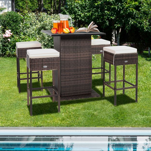 5-Piece Garden Bar Collection - Outdoor Furniture Set with Storage Shelves and Cushions, White Finish - Ideal for Garden Comfort and Organization