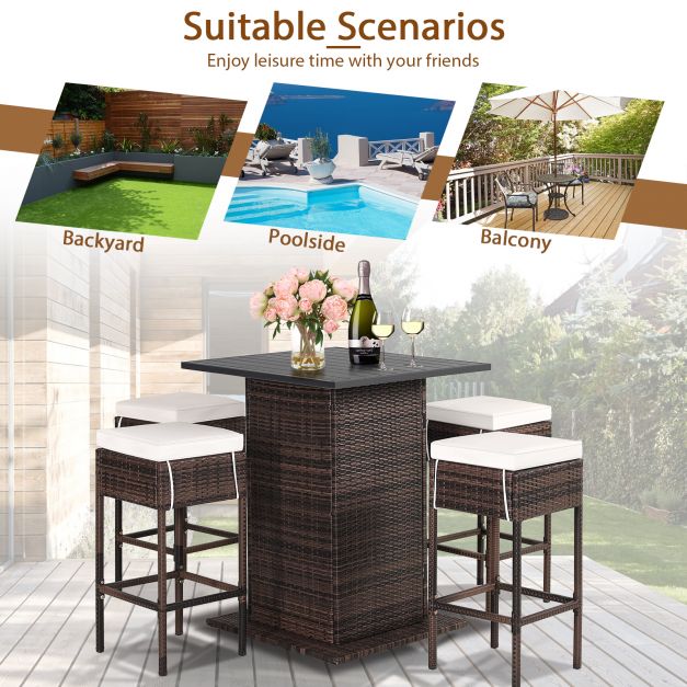 5-Piece Garden Bar Collection - Outdoor Furniture Set with Storage Shelves and Cushions, White Finish - Ideal for Garden Comfort and Organization