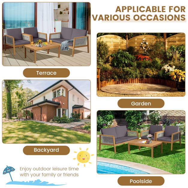 Grey Wicker Patio Set, Model 4PC - Includes Loveseat, Coffee Table, and Chairs - Perfect for Outdoor Leisure and Social Activities