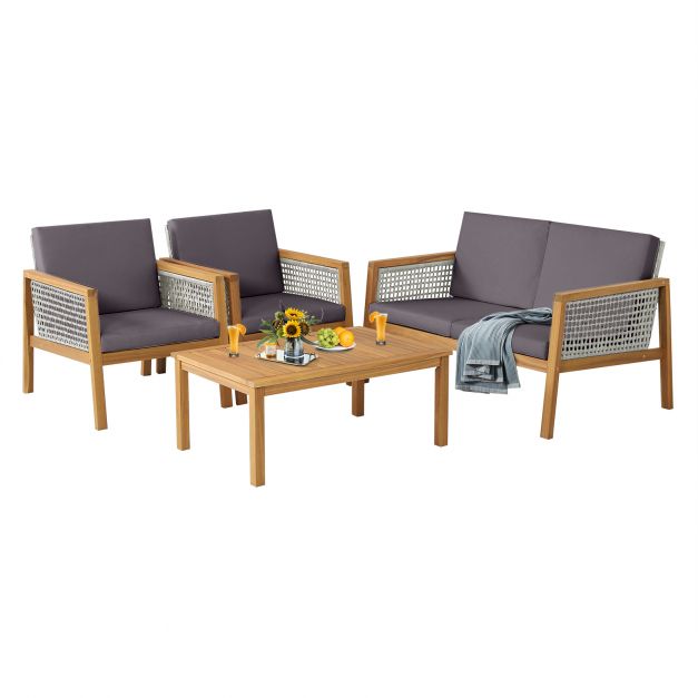 Grey Wicker Patio Set, Model 4PC - Includes Loveseat, Coffee Table, and Chairs - Perfect for Outdoor Leisure and Social Activities