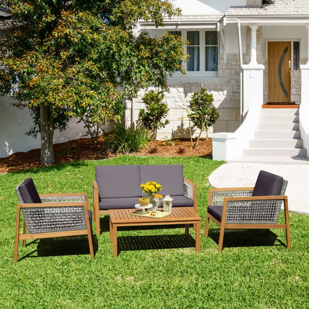 Grey Wicker Patio Set, Model 4PC - Includes Loveseat, Coffee Table, and Chairs - Perfect for Outdoor Leisure and Social Activities