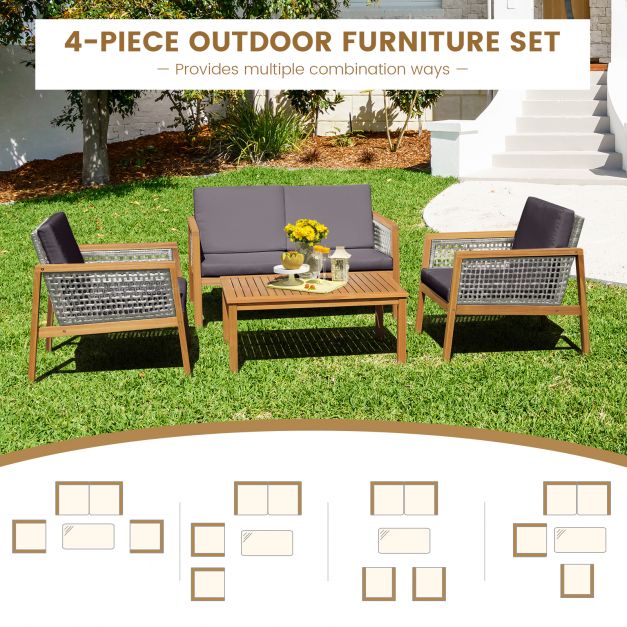 Grey Wicker Patio Set, Model 4PC - Includes Loveseat, Coffee Table, and Chairs - Perfect for Outdoor Leisure and Social Activities