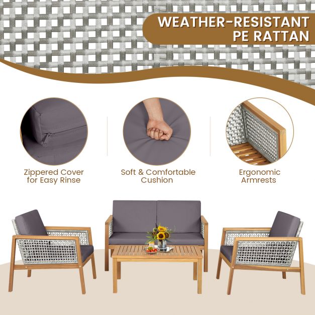 Grey Wicker Patio Set, Model 4PC - Includes Loveseat, Coffee Table, and Chairs - Perfect for Outdoor Leisure and Social Activities