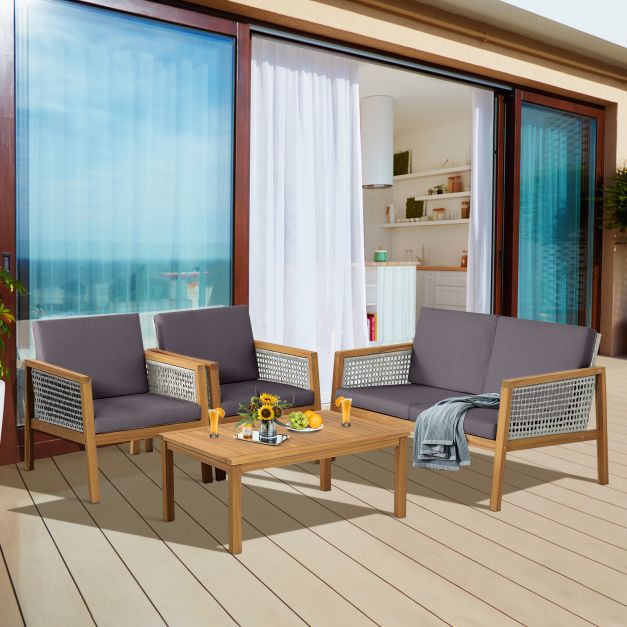 Grey Wicker Patio Set, Model 4PC - Includes Loveseat, Coffee Table, and Chairs - Perfect for Outdoor Leisure and Social Activities