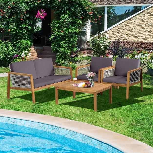 Grey Wicker Patio Set, Model 4PC - Includes Loveseat, Coffee Table, and Chairs - Perfect for Outdoor Leisure and Social Activities