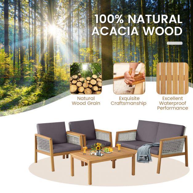 Grey Wicker Patio Set, Model 4PC - Includes Loveseat, Coffee Table, and Chairs - Perfect for Outdoor Leisure and Social Activities