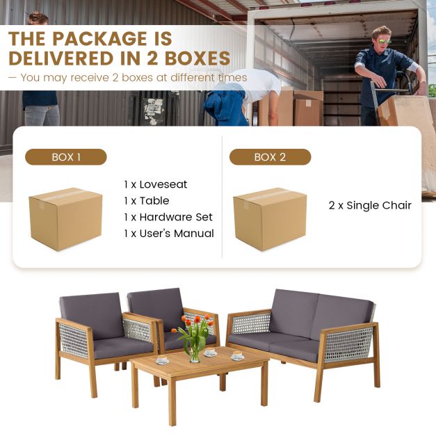 Grey Wicker Patio Set, Model 4PC - Includes Loveseat, Coffee Table, and Chairs - Perfect for Outdoor Leisure and Social Activities