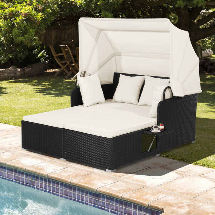 Patio Rattan Daybed - Retractable Canopy, Side Trays and Cushions - Ideal Outdoor Seating for Lounging and Relaxation