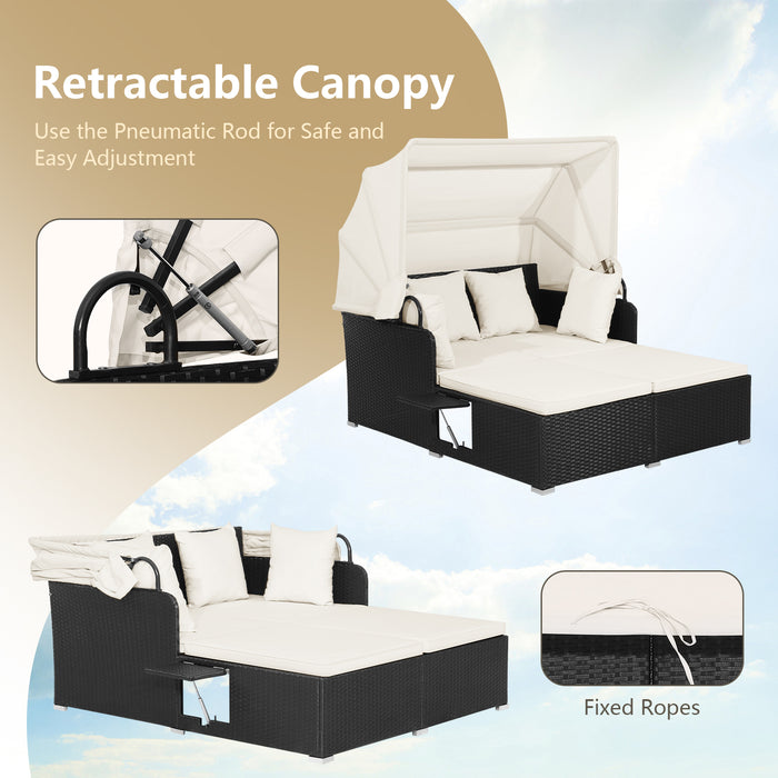Patio Rattan Daybed - Retractable Canopy, Side Trays and Cushions - Ideal Outdoor Seating for Lounging and Relaxation