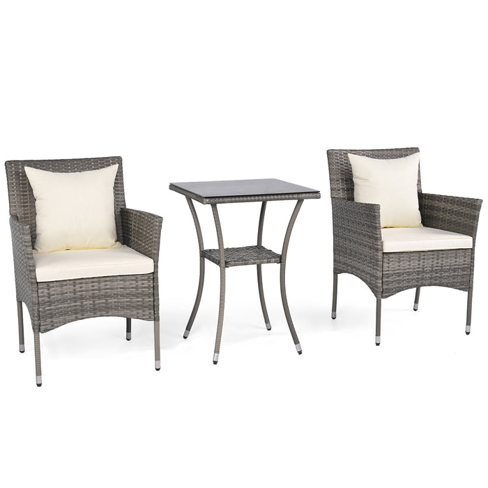 3 Pieces Patio Wicker Bistro Set 2 Rattan Chairs with Double-Tier Tempered Glass Table-Navy