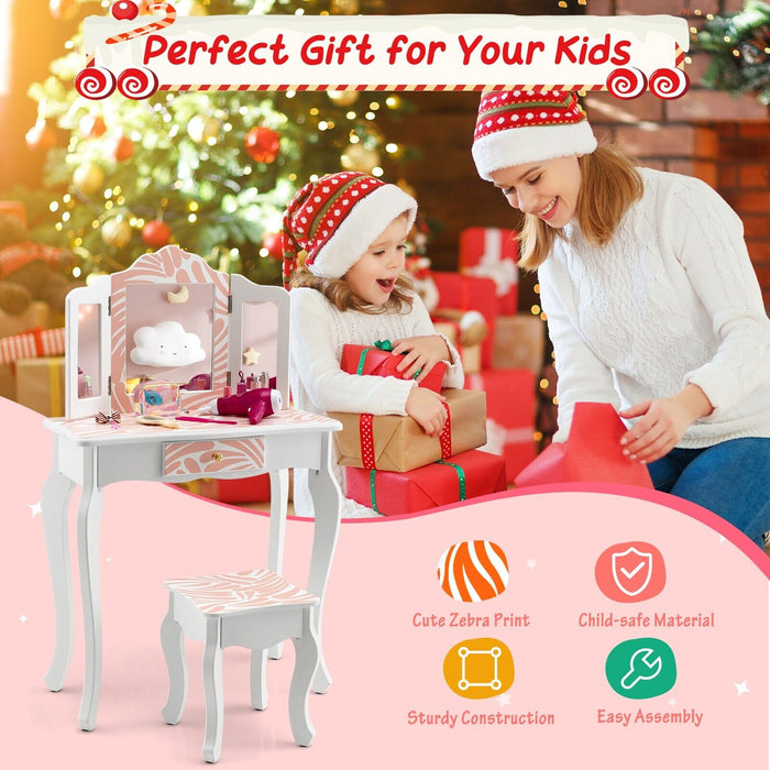 2 in 1 Kids Vanity Table and Stool Set for Girl Children-Pink Zebra-stripe Print