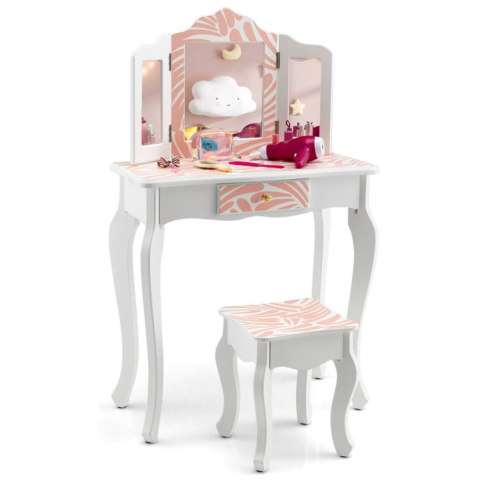 2 in 1 Kids Vanity Table and Stool Set for Girl Children-Pink Zebra-stripe Print