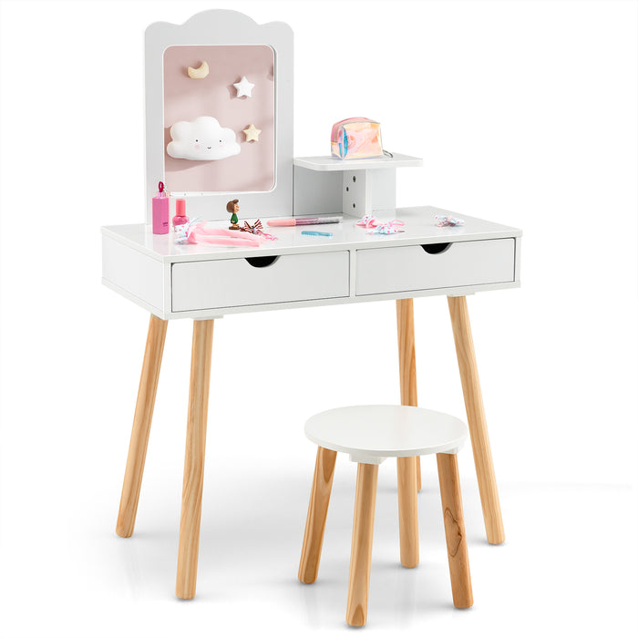 Unknown Brand and Model - Children's Dressing Table with Vanity Stool, Square Mirror, and Storage Shelf - Perfect for a Kid's Bedroom Furniture or Playroom Solution