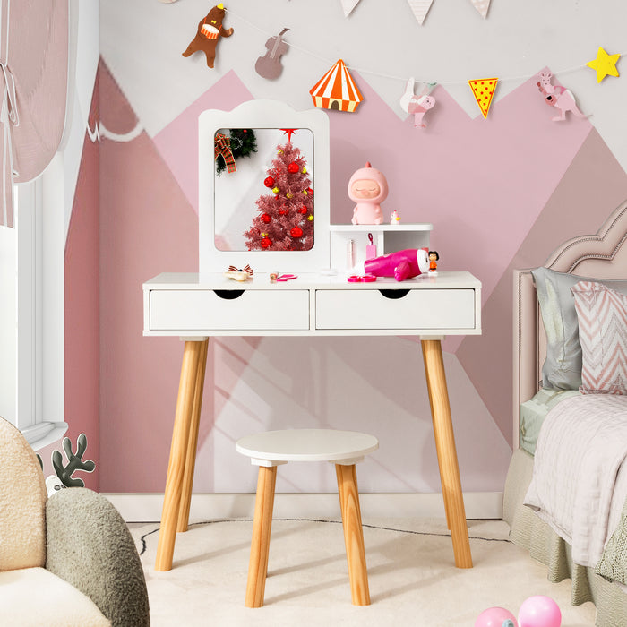 Unknown Brand and Model - Children's Dressing Table with Vanity Stool, Square Mirror, and Storage Shelf - Perfect for a Kid's Bedroom Furniture or Playroom Solution