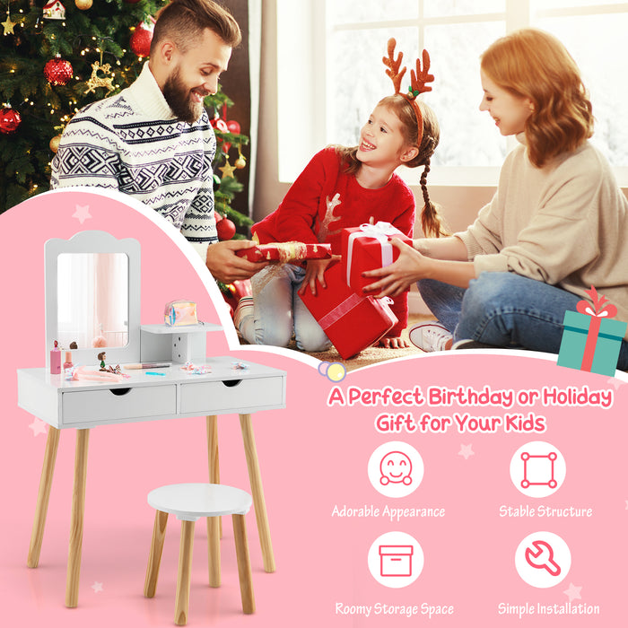 Unknown Brand and Model - Children's Dressing Table with Vanity Stool, Square Mirror, and Storage Shelf - Perfect for a Kid's Bedroom Furniture or Playroom Solution