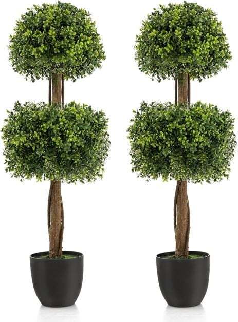 Set of 2 100CM Artificial Boxwood Topiary Ball Tree with Cement-filled Plastic Pot