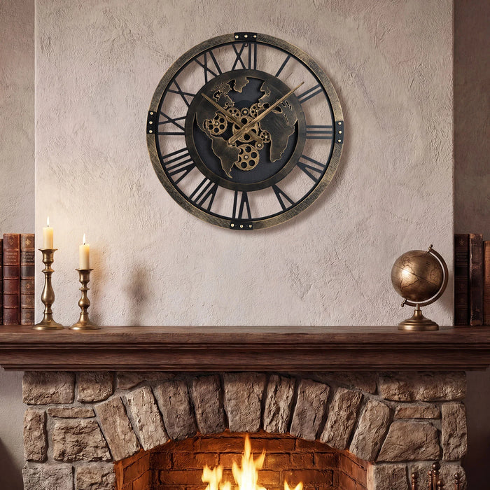 27” Large Wall Clock with World Map and Moving Gears-