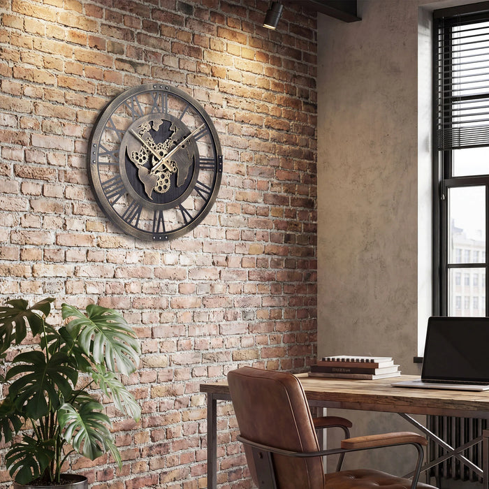 27” Large Wall Clock with World Map and Moving Gears-