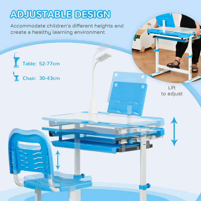 HOMCOM Kids Study Desk and Chair Set w/ Adjustable Height, Storage Drawer - Blue | Aosom UK