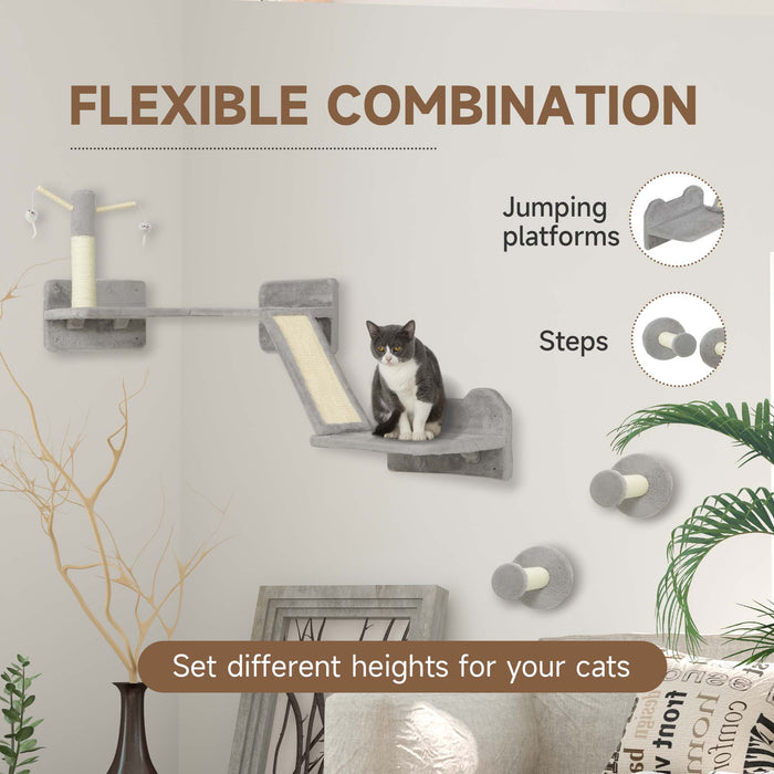 PawHut 3PCs Cat Wall Furniture with Scratching Posts, Scratching Pads, Perches, Cat Wands, Toy Balls, Light Grey | Aosom UK