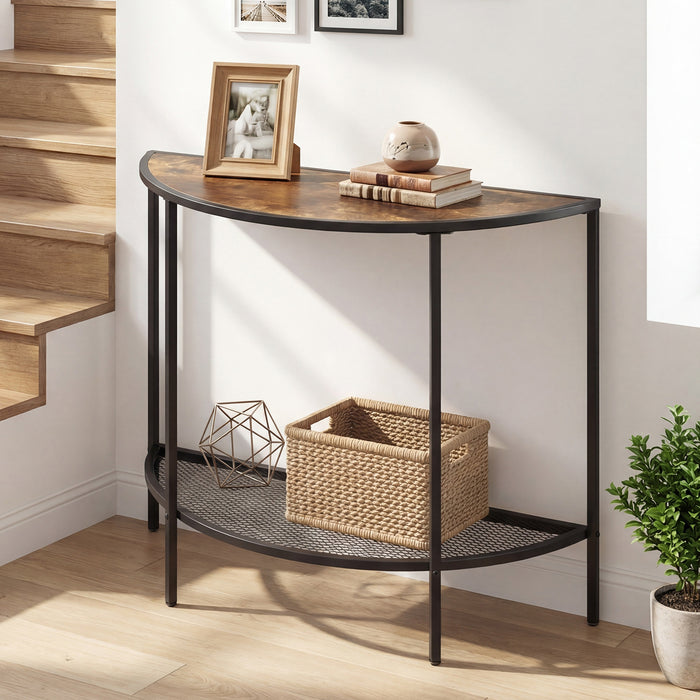 Half Moon Console Table 2-Tier Narrow Entryway Table with Storage Shelf-Rustic Brown