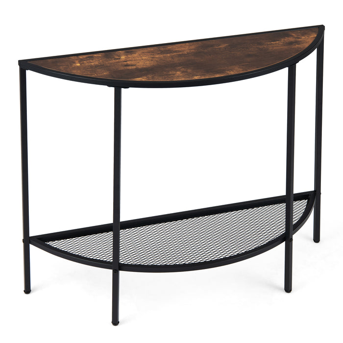 Half Moon Console Table 2-Tier Narrow Entryway Table with Storage Shelf-Rustic Brown