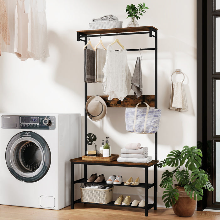 Hall Tree with Bench and Shoe Storage with Hanging Bars-