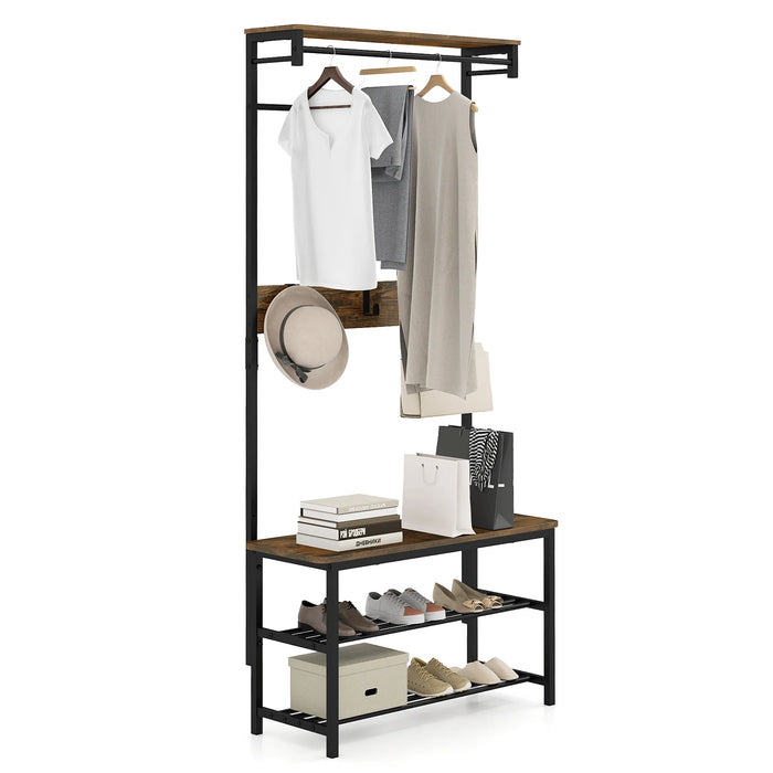 Hall Tree with Bench and Shoe Storage with Hanging Bars-