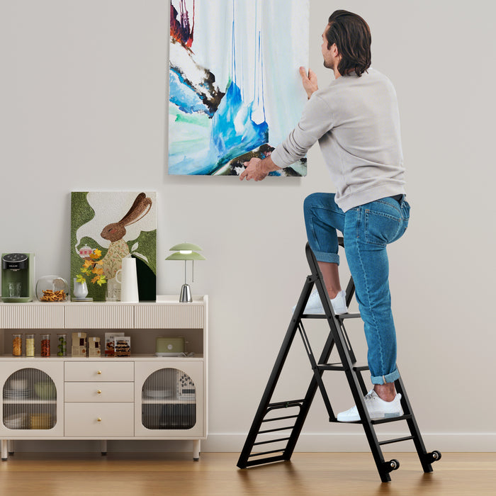 2-in-1 Foldable Hand Truck & Ladder - 3-Step Ladder with Wide Non-Slip Pedals in Black - Ideal for Everyday Use and versatile tasks