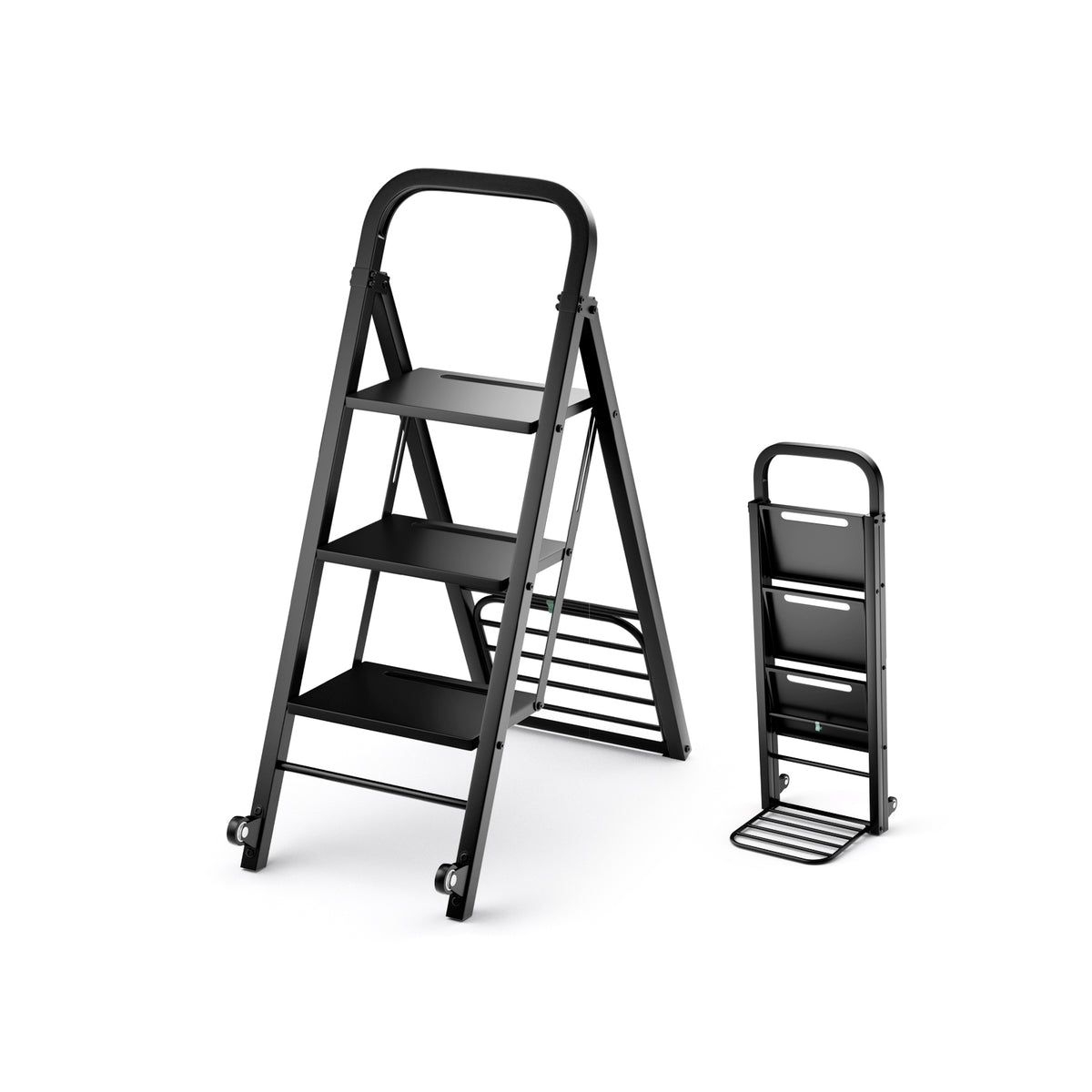 2-in-1 Foldable Hand Truck & Ladder - 3-Step Ladder with Wide Non-Slip Pedals in Black - Ideal for Everyday Use and versatile tasks