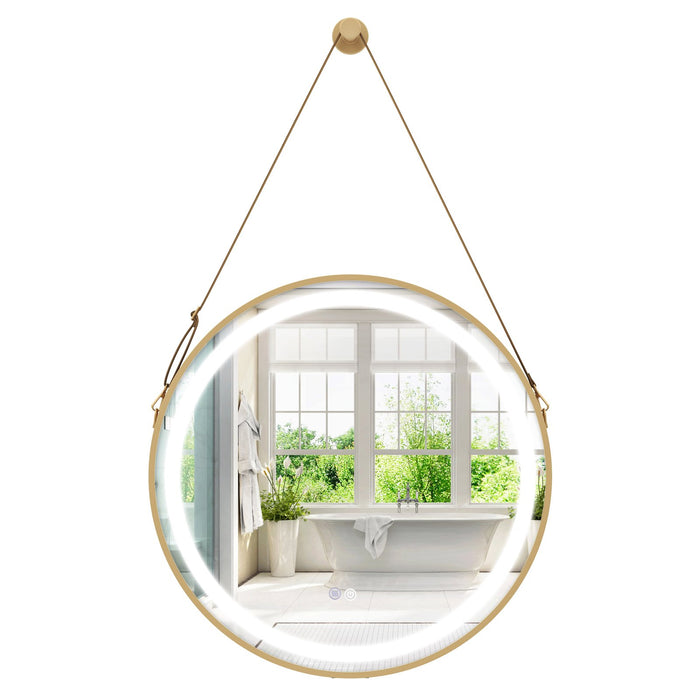 Hanging Wall Bathroom Mirror with Hanging Strap and 3 Colors LED Light-Silver