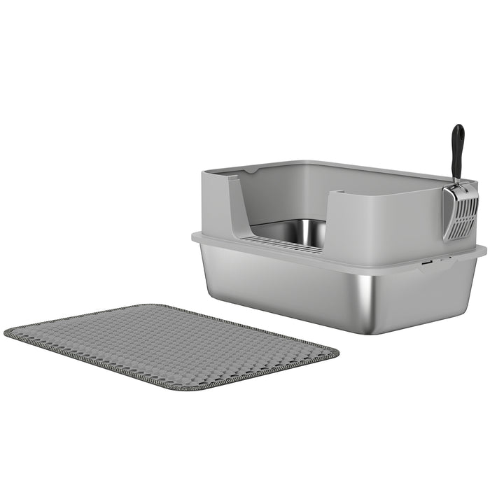 PawHut High Sided Stainless Steel Litter Box, Metal Cat Litter Tray with Metal Scoop, Litter Mat, Never Absorbs Odors, Grey