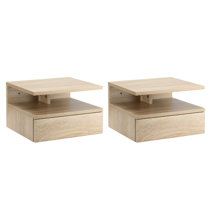 Wall-Mounted Oak-Toned Nightstand - Floating Bedside Cabinet with Drawer & Open Shelf - Space-Saving Bedroom Storage Solution