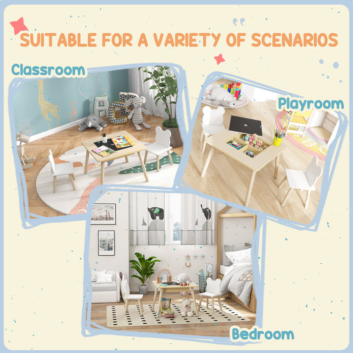 AIYAPLAY 3-Piece Kids Table and Chairs Set with Convertible Desk and Storage Grid, Kids Activity Table for Nursery, Playroom