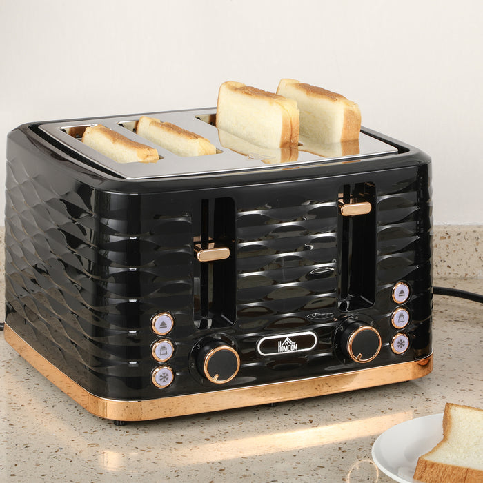 HOMCOM 4 Slice Toaster with 7 Browning Levels, High Lift, Reheat/Defrost/Cancel, Self-centring Function, Removable Crumb Tray, Auto Off, 1600W, Black Water Ripple Texture