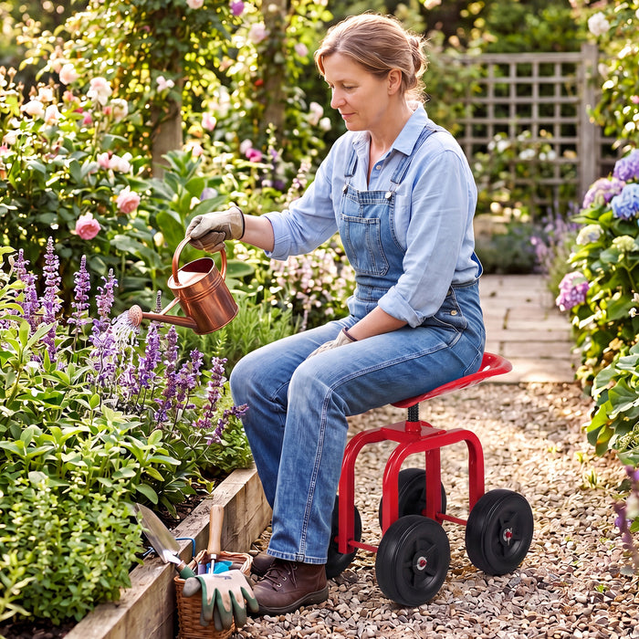Heavy-Duty Rolling Garden Cart with Height Adjustable and Swivel Seat-