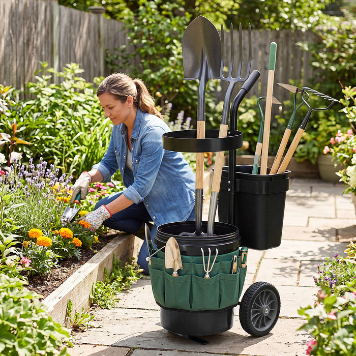 Heavy Duty Rolling Garden Cart with Wheels and Round Bucket-
