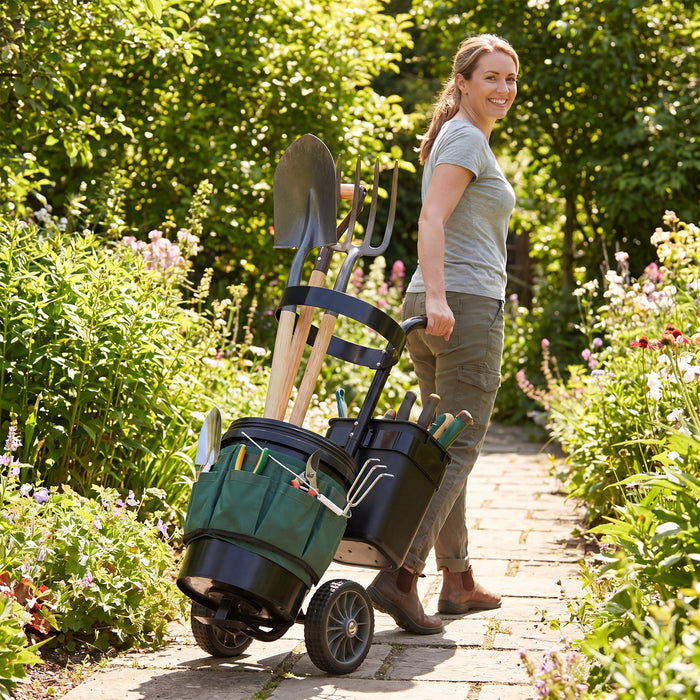 Heavy Duty Rolling Garden Cart with Wheels and Round Bucket-