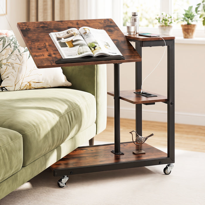 Height Adjustable C Table with Charging Station & Tiltable Top and Wheels-