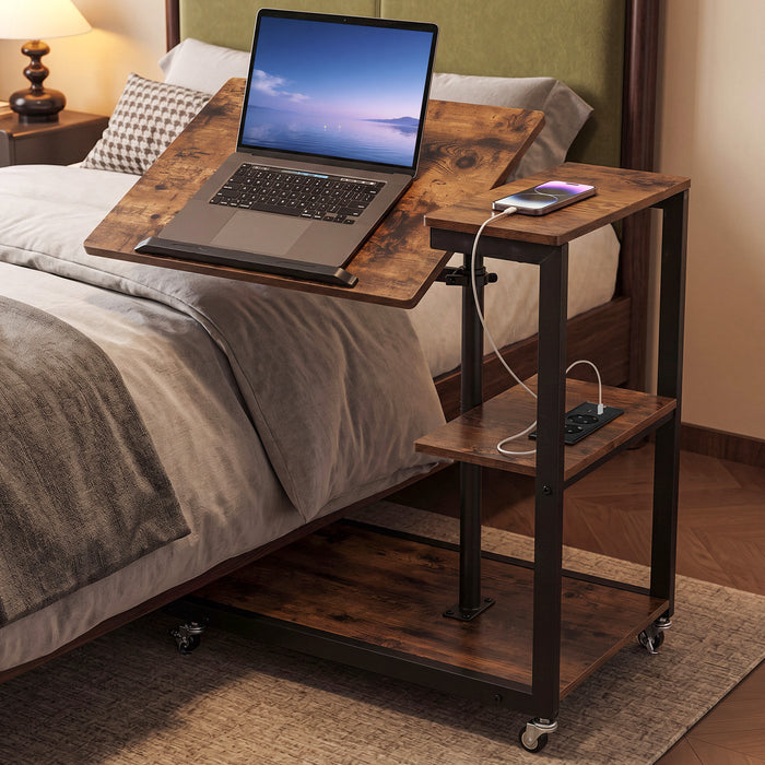 Height Adjustable C Table with Charging Station & Tiltable Top and Wheels-