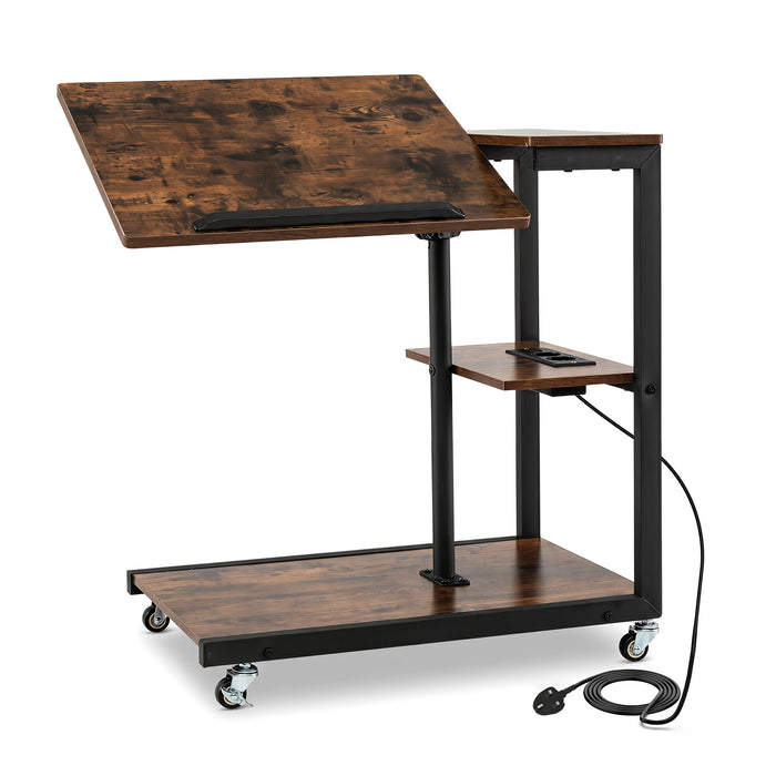 Height Adjustable C Table with Charging Station & Tiltable Top and Wheels-