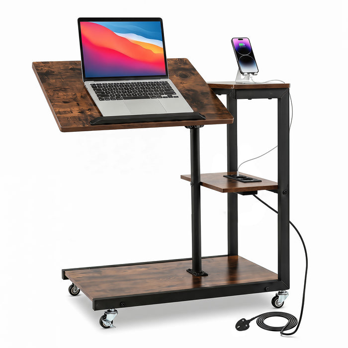 Height Adjustable C Table with Charging Station & Tiltable Top and Wheels-
