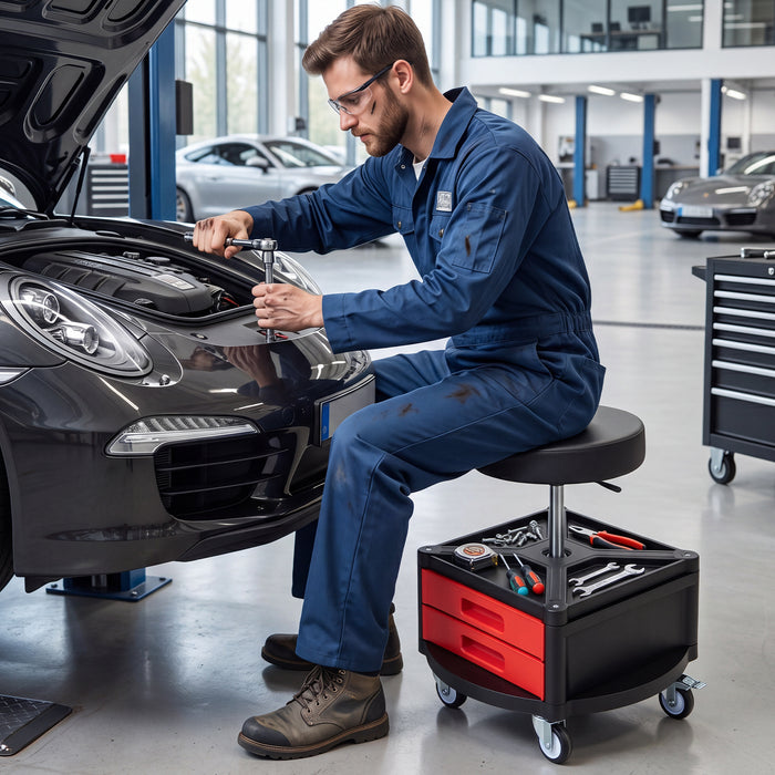 Height-Adjustable Rolling Mechanic Stool with Cushioned Seat Tool Tray for Repair Shop-