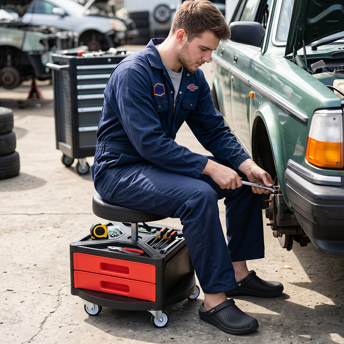 Height-Adjustable Rolling Mechanic Stool with Cushioned Seat Tool Tray for Repair Shop-