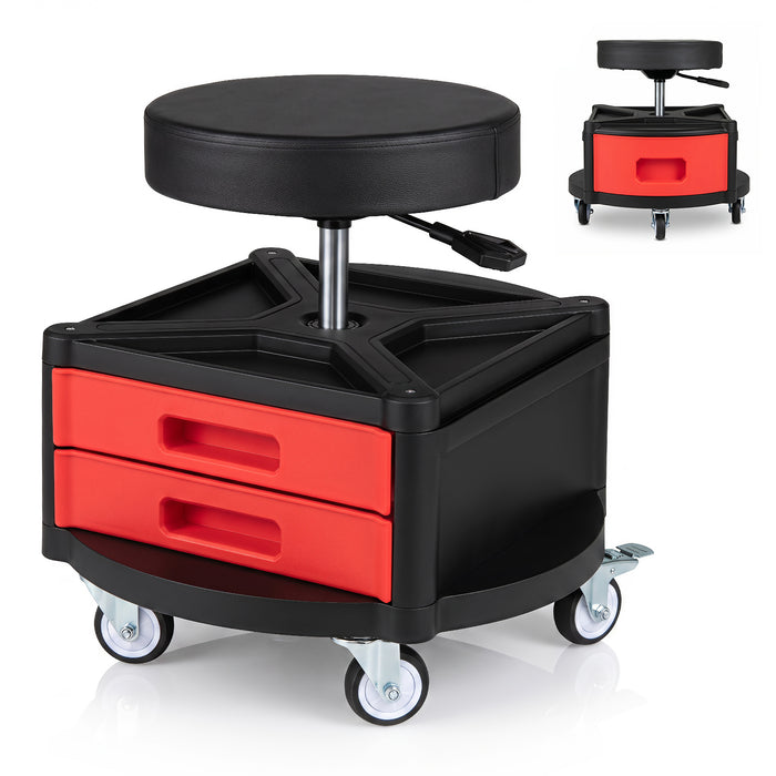 Height-Adjustable Rolling Mechanic Stool with Cushioned Seat Tool Tray for Repair Shop-