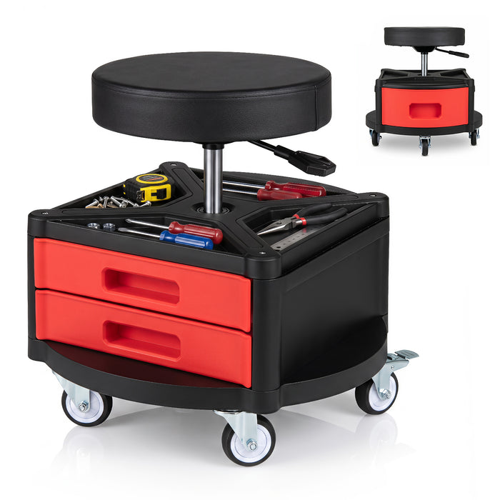 Height-Adjustable Rolling Mechanic Stool with Cushioned Seat Tool Tray for Repair Shop-