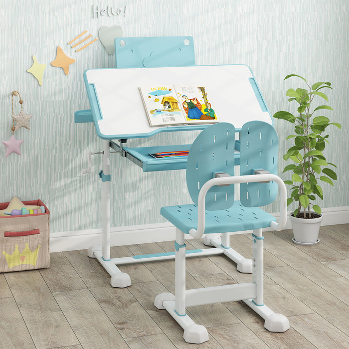 Height-Adjustable Kid's Study Desk and Chair Set with Tilt Desktop and Footrest Bar-